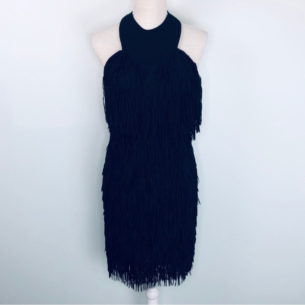 Dress The Population Fringe Halter Mini Black Dress Evening Cocktail Party